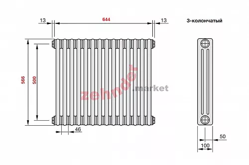 Радиатор Zehnder Charleston 3057/14 1270 3/4 RAL 9217 matt Чёрный боковое подключение