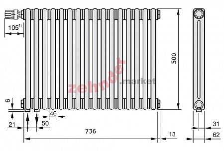 Радиатор Zehnder Charleston Completto 2050/16 V001 1/2 Technoline 0325 TL нижнее подключение