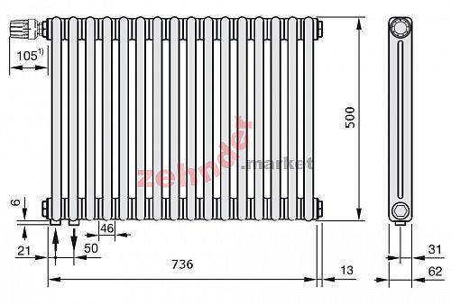 Радиатор Zehnder Charleston Completto 2050/16 V001 1/2 Technoline 0325 TL нижнее подключение