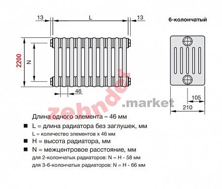 Радиатор Zehnder Charleston CH 6220/16 1270 ¾ RAL 9016