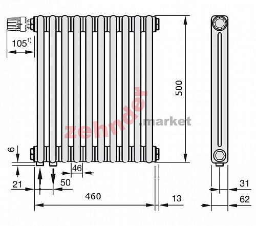 Радиатор Zehnder Charleston Completto 2050/10 V001 1/2 Technoline 0325 TL нижнее подключение