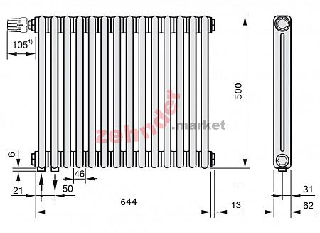 Радиатор Zehnder Charleston Completto 2050/14 V001 1/2 Technoline 0325 TL нижнее подключение