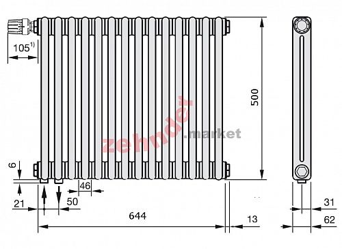 Радиатор Zehnder Charleston Completto 2050/14 V001 1/2 Technoline 0325 TL нижнее подключение