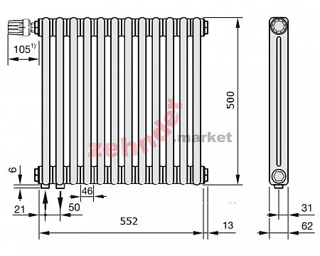 Радиатор Zehnder Charleston Completto 2050/12 V001 1/2 Technoline 0325 TL нижнее подключение
