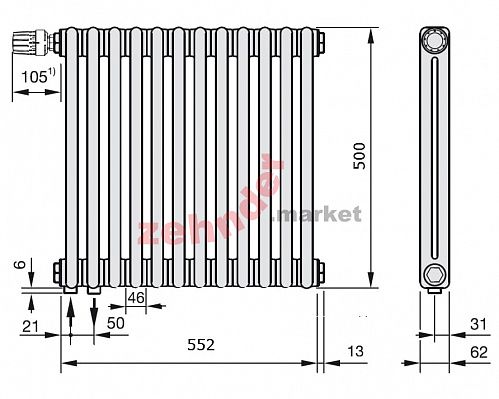 Радиатор Zehnder Charleston Completto 2050/12 V001 1/2 Technoline 0325 TL нижнее подключение
