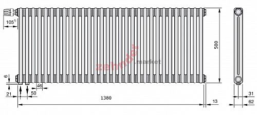 Радиатор Zehnder Charleston Completto 2050/30 V001 1/2 Technoline 0325 TL нижнее подключение
