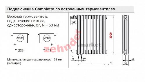 Радиатор Zehnder Charleston Completto CH 3300/03 V001 ½ RAL 9016