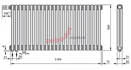 Радиатор Zehnder Charleston Completto 2050/24 V001 1/2 Technoline 0325 TL нижнее подключение