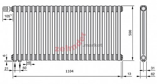 Радиатор Zehnder Charleston Completto 2050/24 V001 1/2 Technoline 0325 TL нижнее подключение