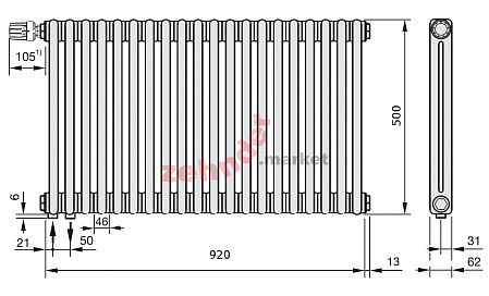 Радиатор Zehnder Charleston Completto 2050/20 V001 1/2 Technoline 0325 TL нижнее подключение