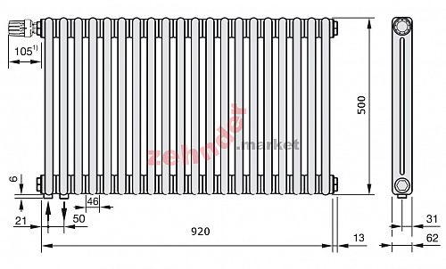 Радиатор Zehnder Charleston Completto 2050/20 V001 1/2 Technoline 0325 TL нижнее подключение