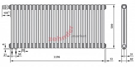 Радиатор Zehnder Charleston Completto 2050/26 V001 1/2 Technoline 0325 TL нижнее подключение