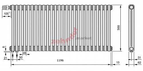 Радиатор Zehnder Charleston Completto 2050/26 V001 1/2 Technoline 0325 TL нижнее подключение