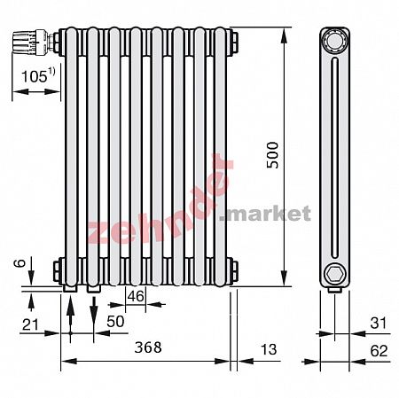 Радиатор Zehnder Charleston Completto 2050/08 V001 1/2 Technoline 0325 TL нижнее подключение