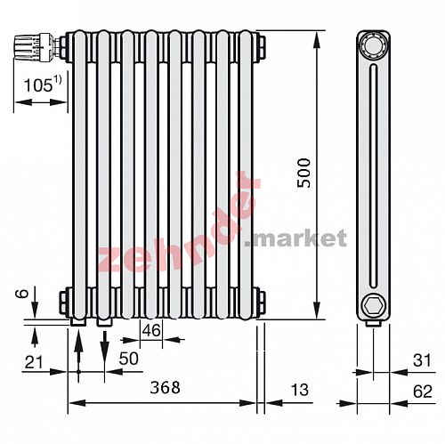Радиатор Zehnder Charleston Completto 2050/08 V001 1/2 Technoline 0325 TL нижнее подключение