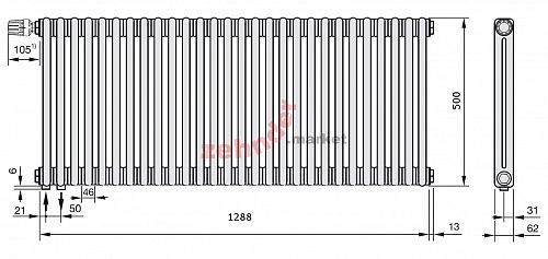 Радиатор Zehnder Charleston Completto 2050/28 V001 1/2 Technoline 0325 TL нижнее подключение